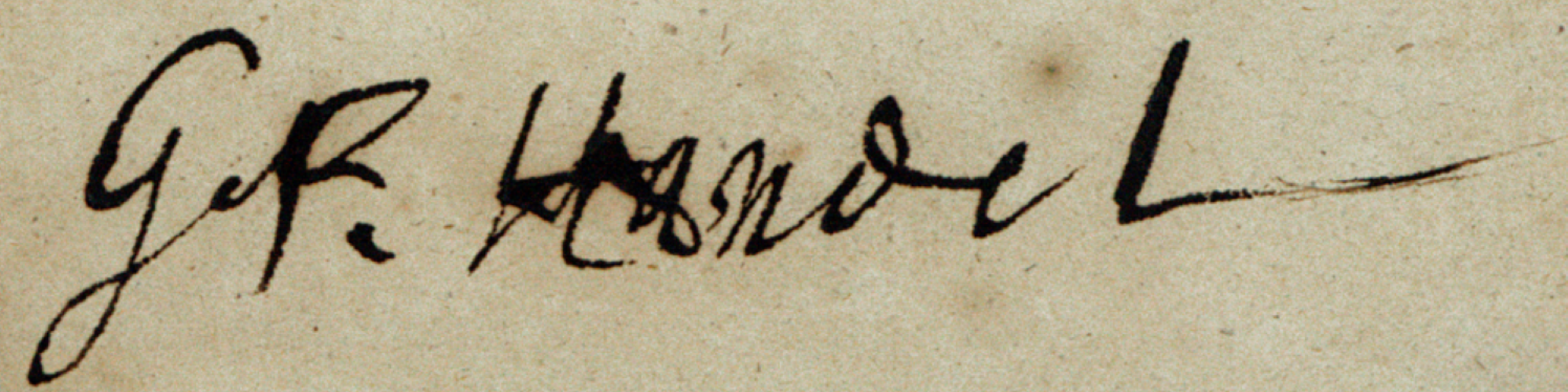 Handel's signature from a receipt for large kettle drums lent to him in 1739.